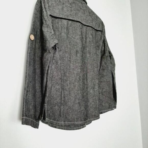 ORLY Denim 3/4 Utility Sleeve Jean Embroidery Button Down Shacket Sz 6 - Picture 13 of 13